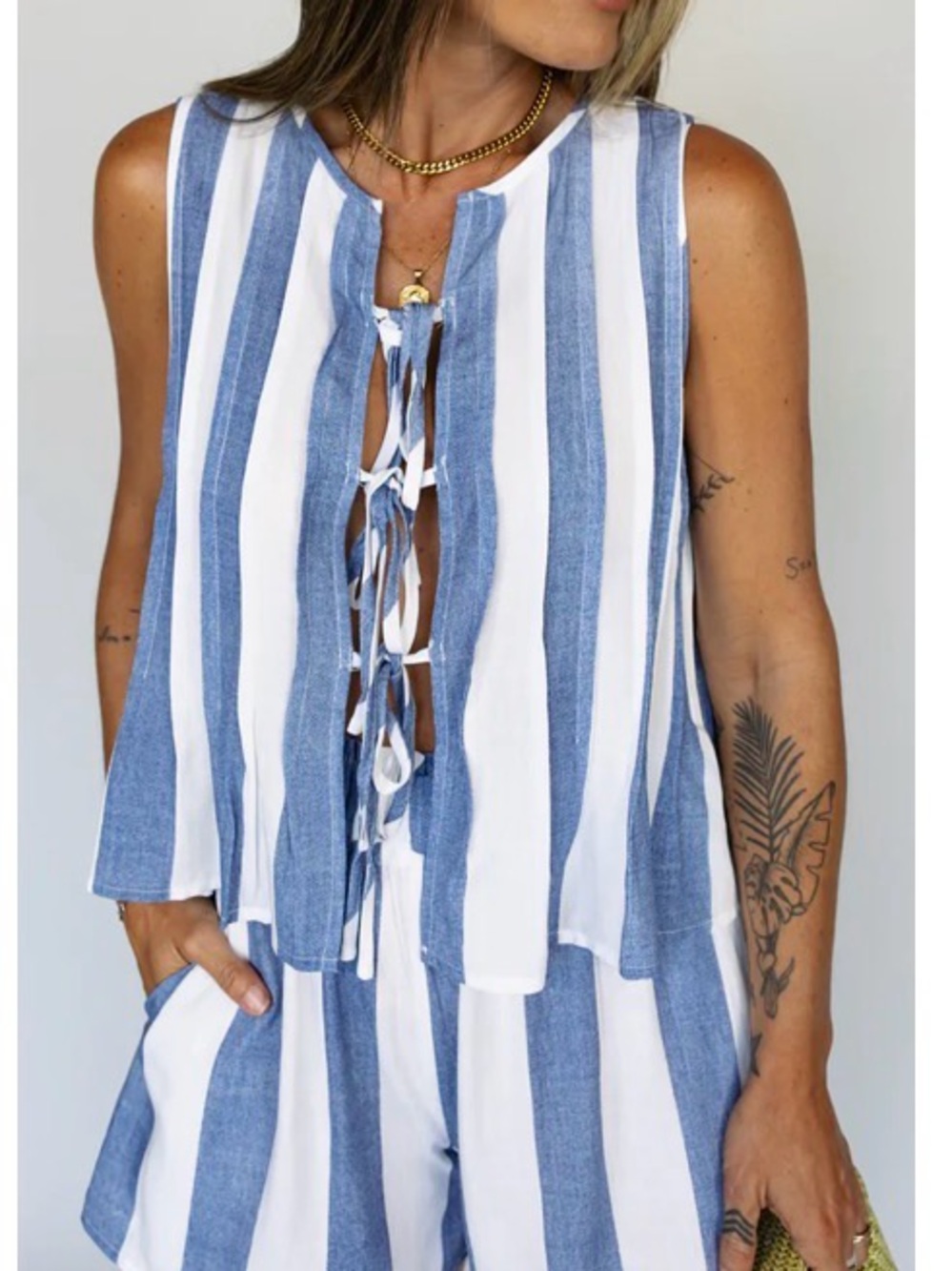 Dress Day Blue & White Striped Two-Piece Tie-Front Set NWOT - Picture 2 of 4